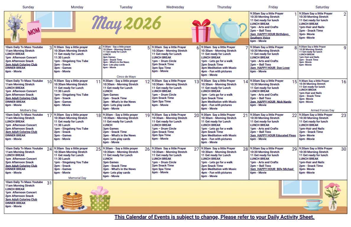 March 2026 activity calendar featuring daily events at Keystone Place at Wooster Heights in Danbury, Connecticut