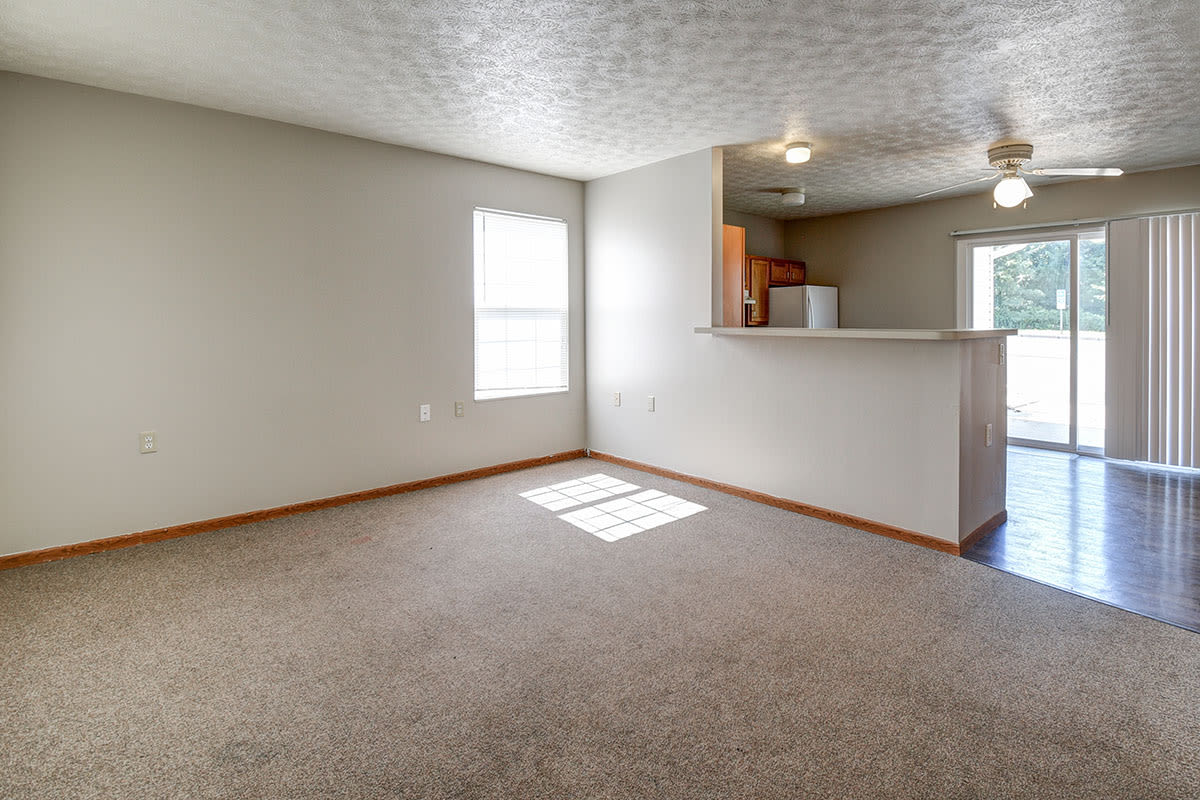Kitchen with connecting living space at Heathermoor II in Weirton, West Virginia