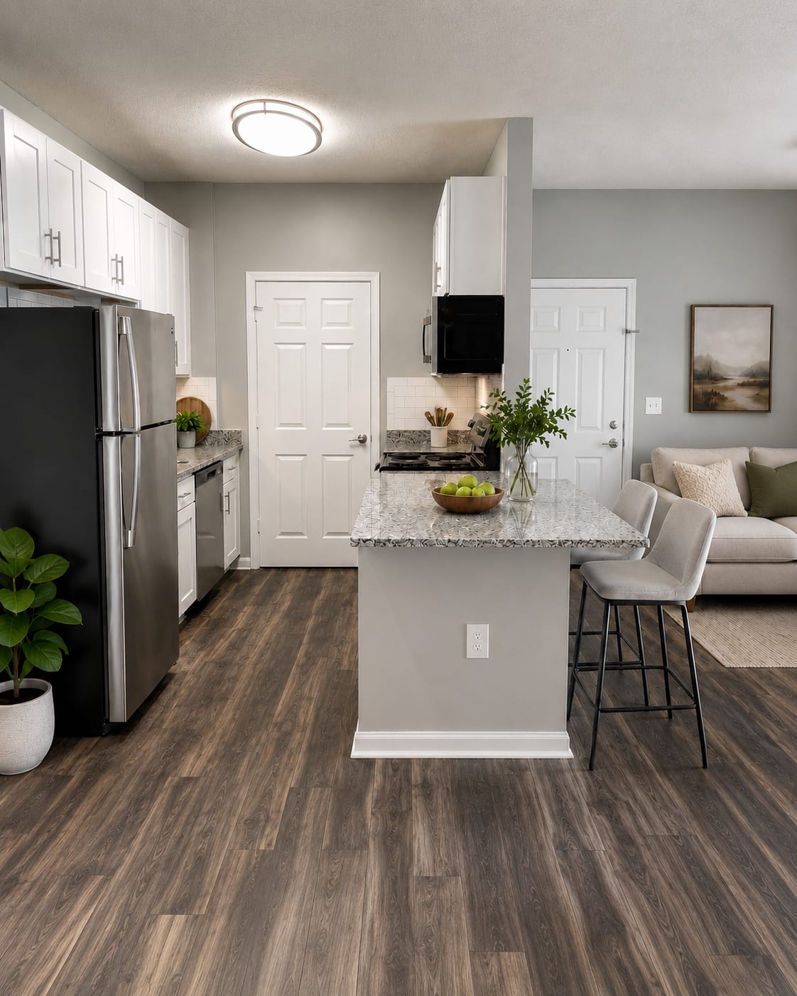 Resident kitchen with modern appliances at Meridian Oaks Apartments in Greenwood, Indiana