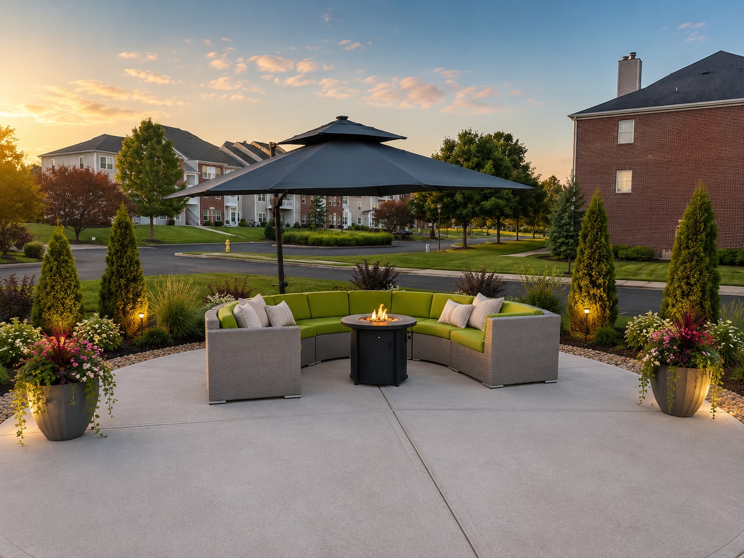 Cozy community fire pit at Meridian Oaks Apartments in Greenwood, Indiana