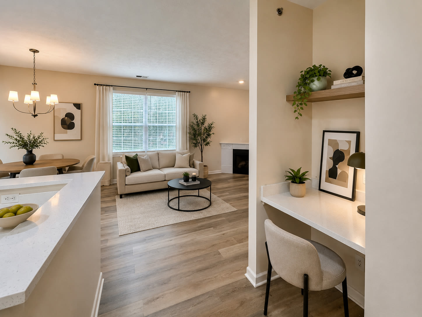 View of the living room from the kitchen at Castle Ridge Apartments in Pittsburgh, Pennsylvania 