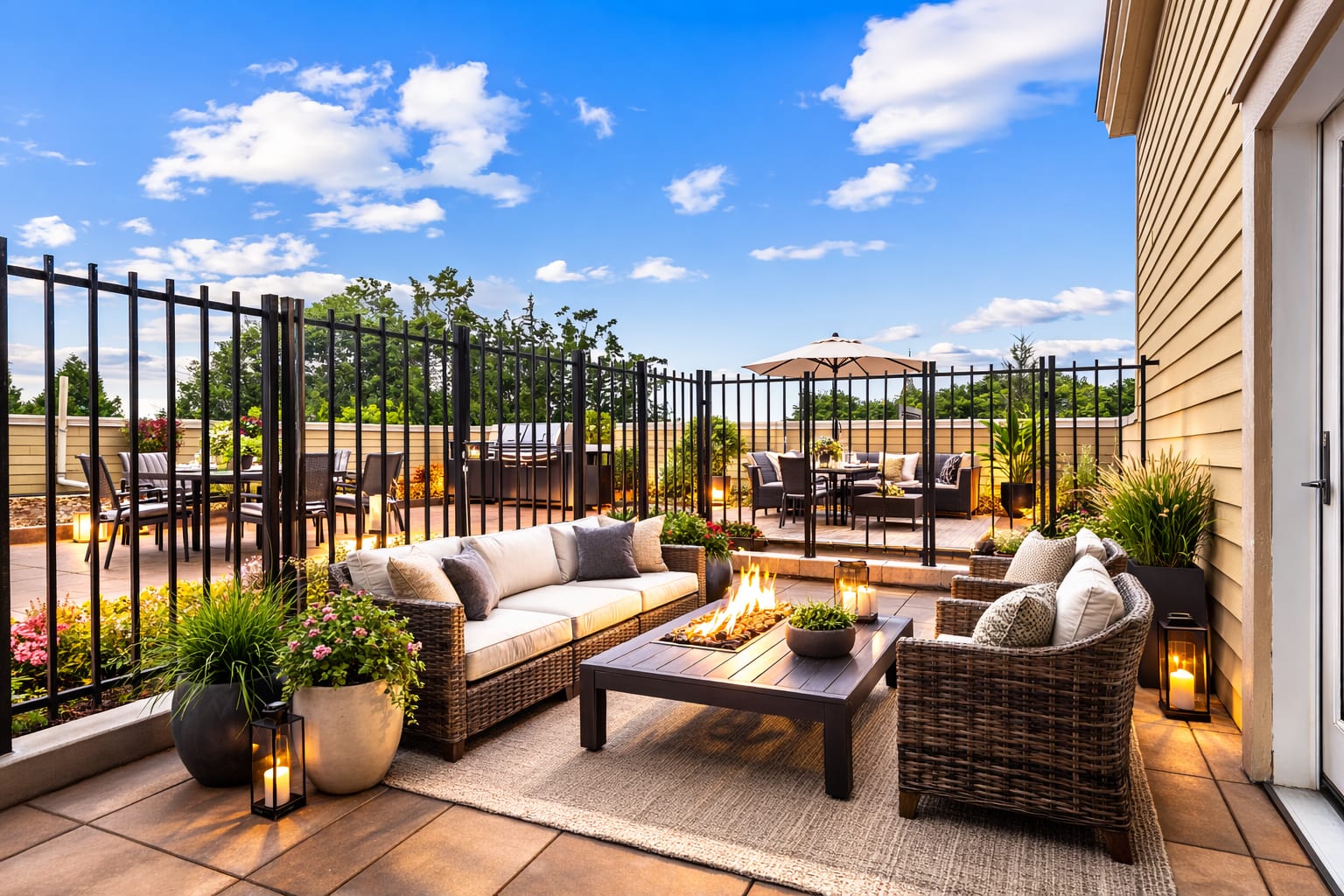 Outdoor rooftop terrace with lounge seating, fire table, decorative planters, and community views at Bell Tower at Old Town Square in Wilsonville, Oregon