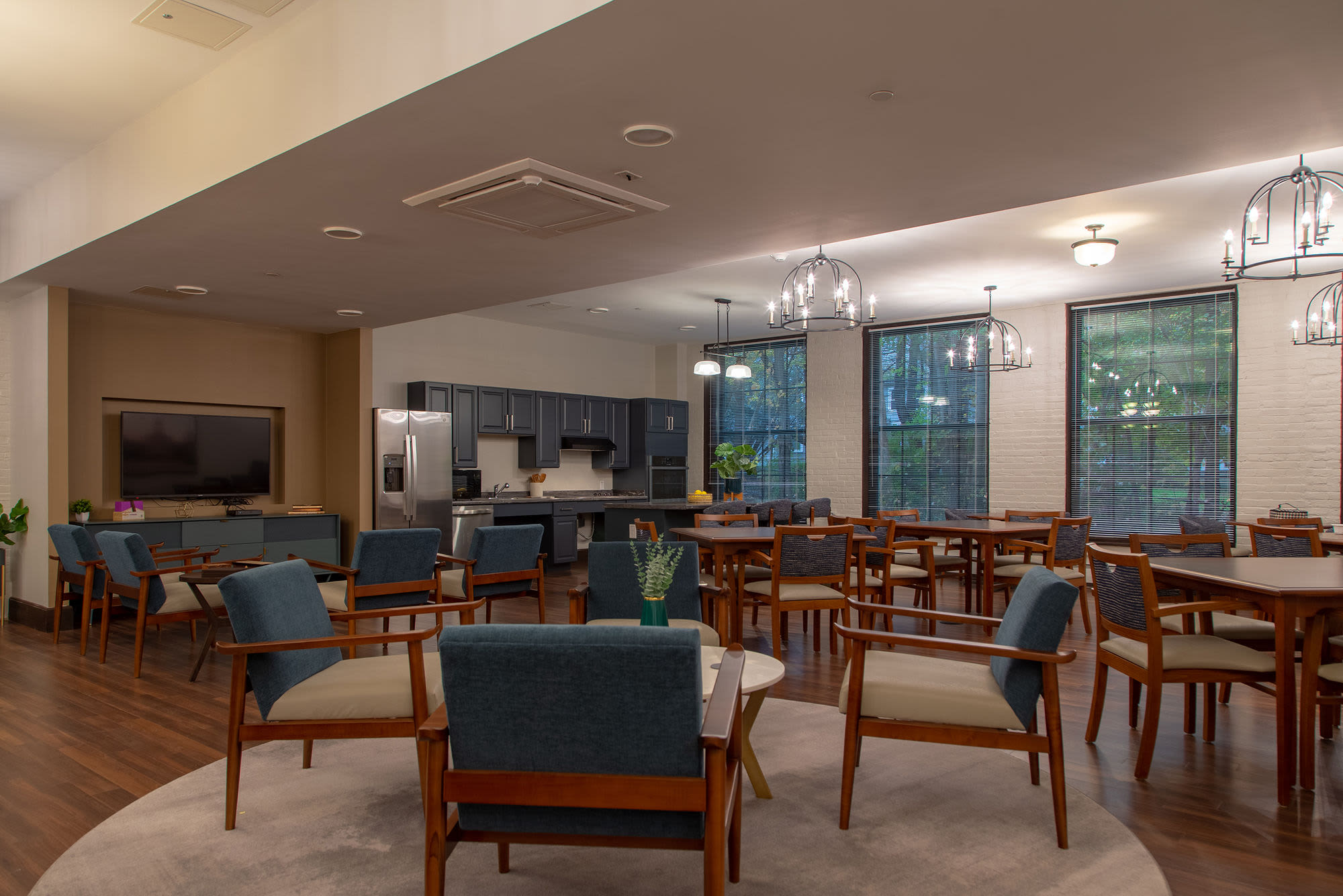 Lounge area of clubhouse at Walker School Apartments in Taunton, Massachusetts