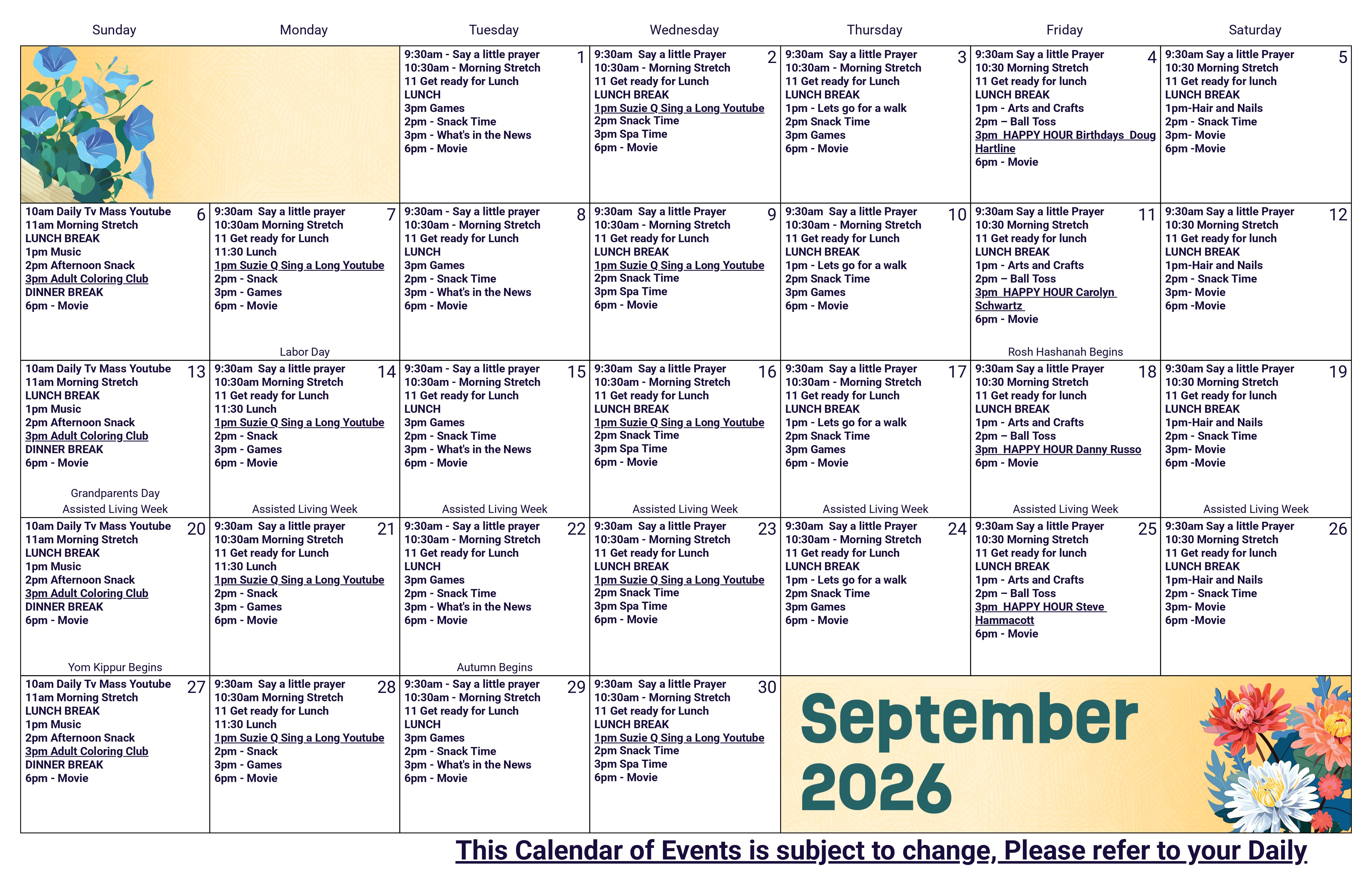 Activity calendar featuring daily events at Keystone Place at Wooster Heights in Danbury, Connecticut