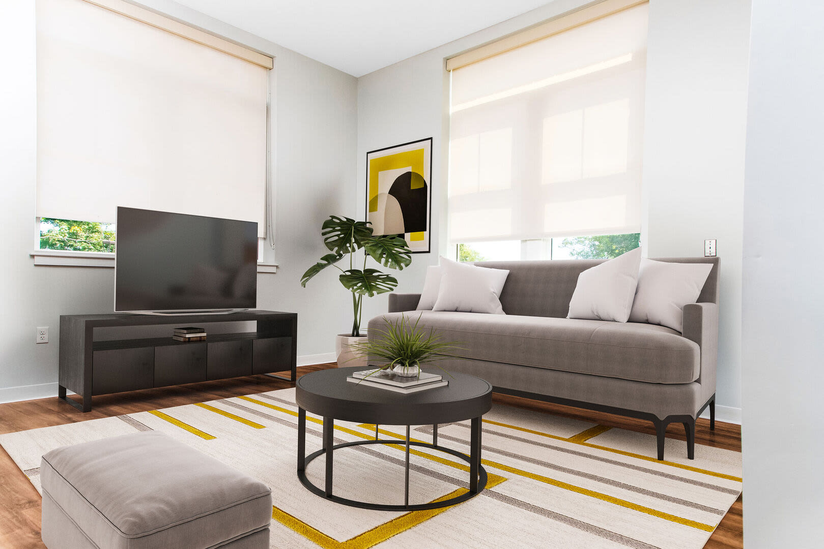 Living room with television at Hearth at Four Corners in Dorchester, Massachusetts, 