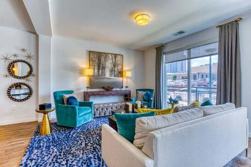Cozy living room at Carroll at Bellemeade in Greensboro, North Carolina