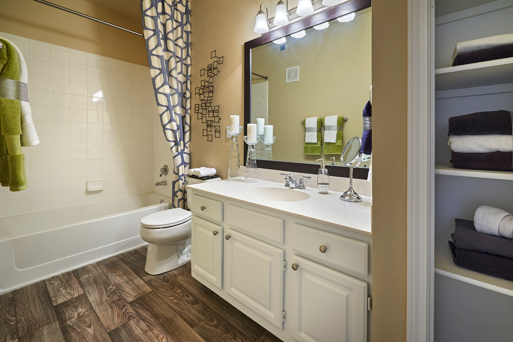 Bright bathroom at Legend Oaks Apartments in Aurora, Colorado