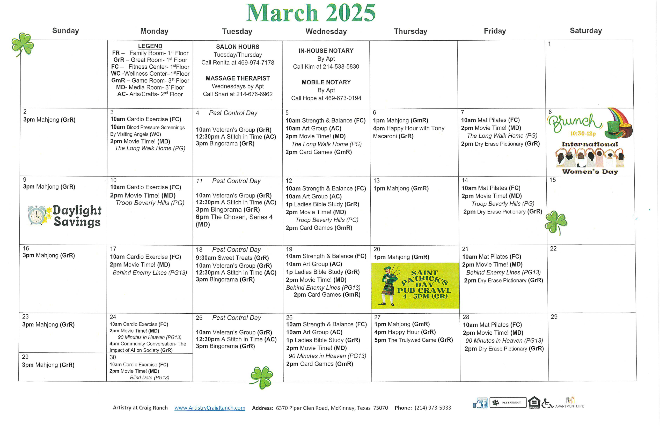 Monthly Calendar of Artistry at Craig Ranch in McKinney, Texas