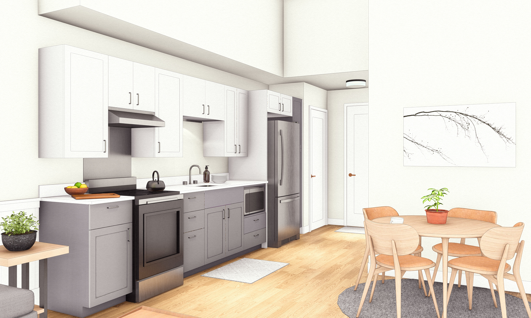 Fully equipped kitchen with connecting dining table at The Residences at St James in Salem, Massachusetts