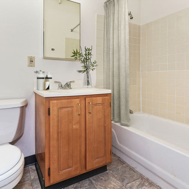 Bathroom with shower and tub at Bixby Brockton Apartments in Brockton, Massachusetts, 