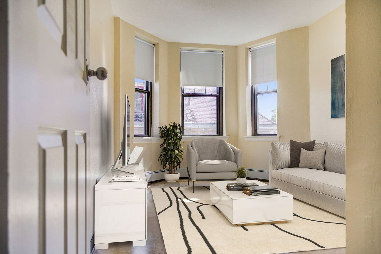 Vibrant living room with plush carpeting at Blue Elm United Estates in Dorchester, Massachusetts