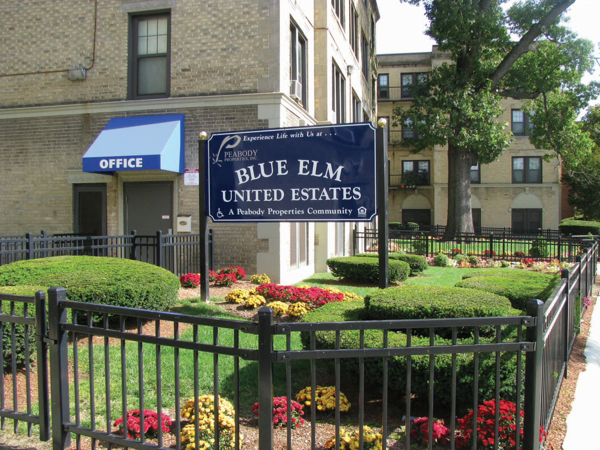 Entrance name board of the apartment at Blue Elm United Estates in Dorchester, Massachusetts