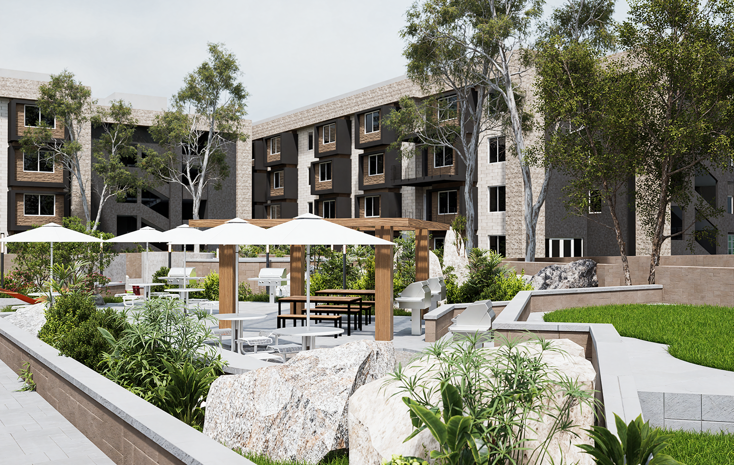 Outdoor amenities area at Stone Village Apartments in Reno, Nevada