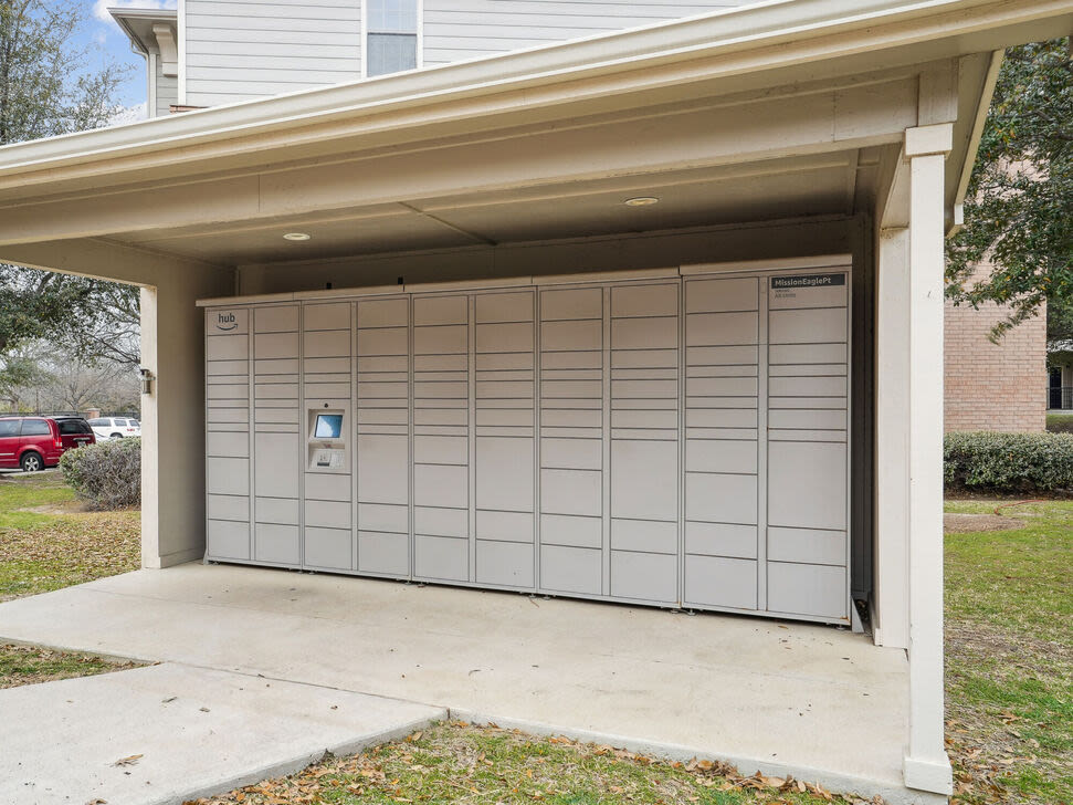 Amazon Hub package locker system at Mission Eagle Pointe in Allen, Texas, 