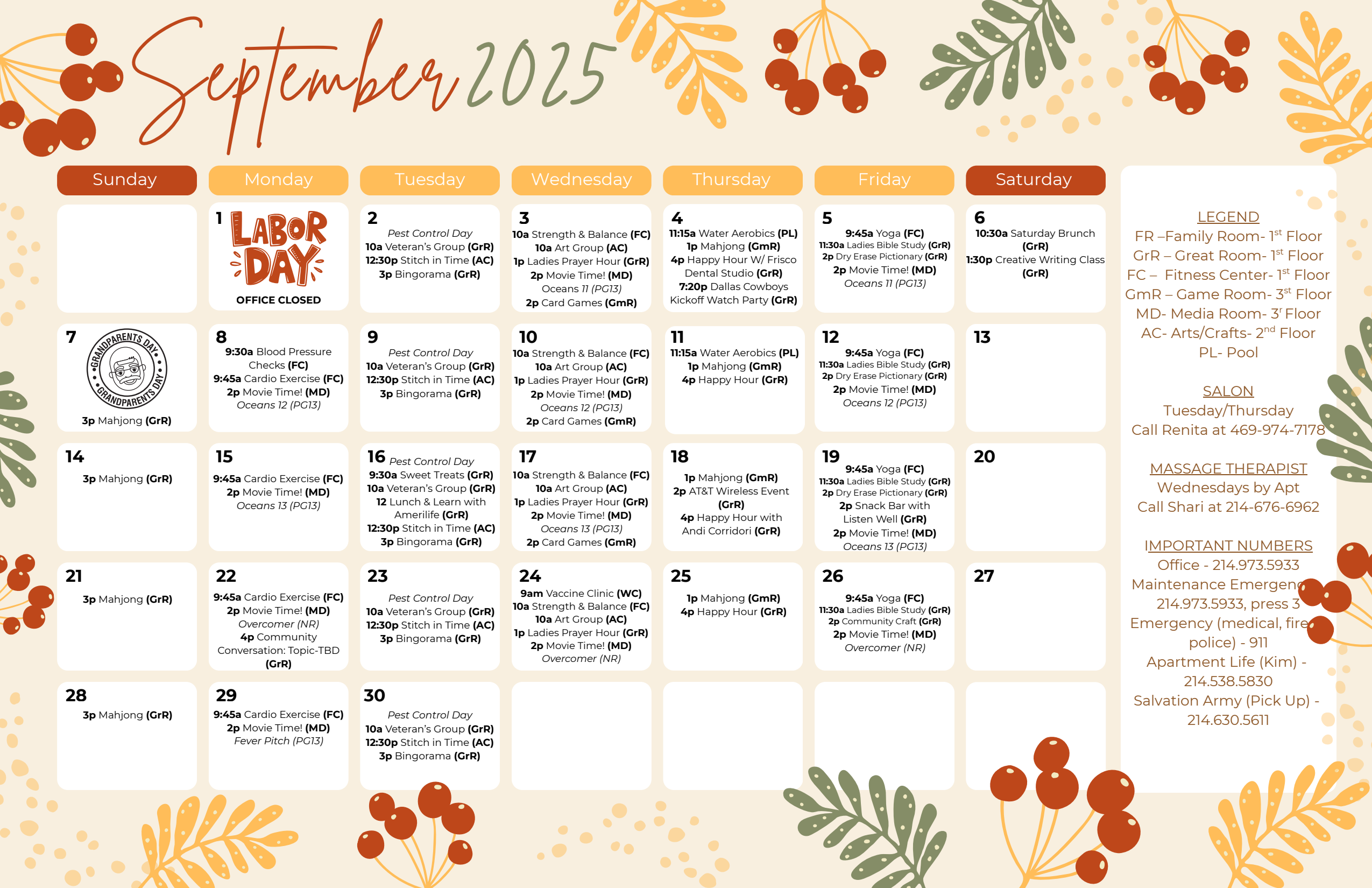 Monthly Calendar of Artistry at Craig Ranch in McKinney, Texas 