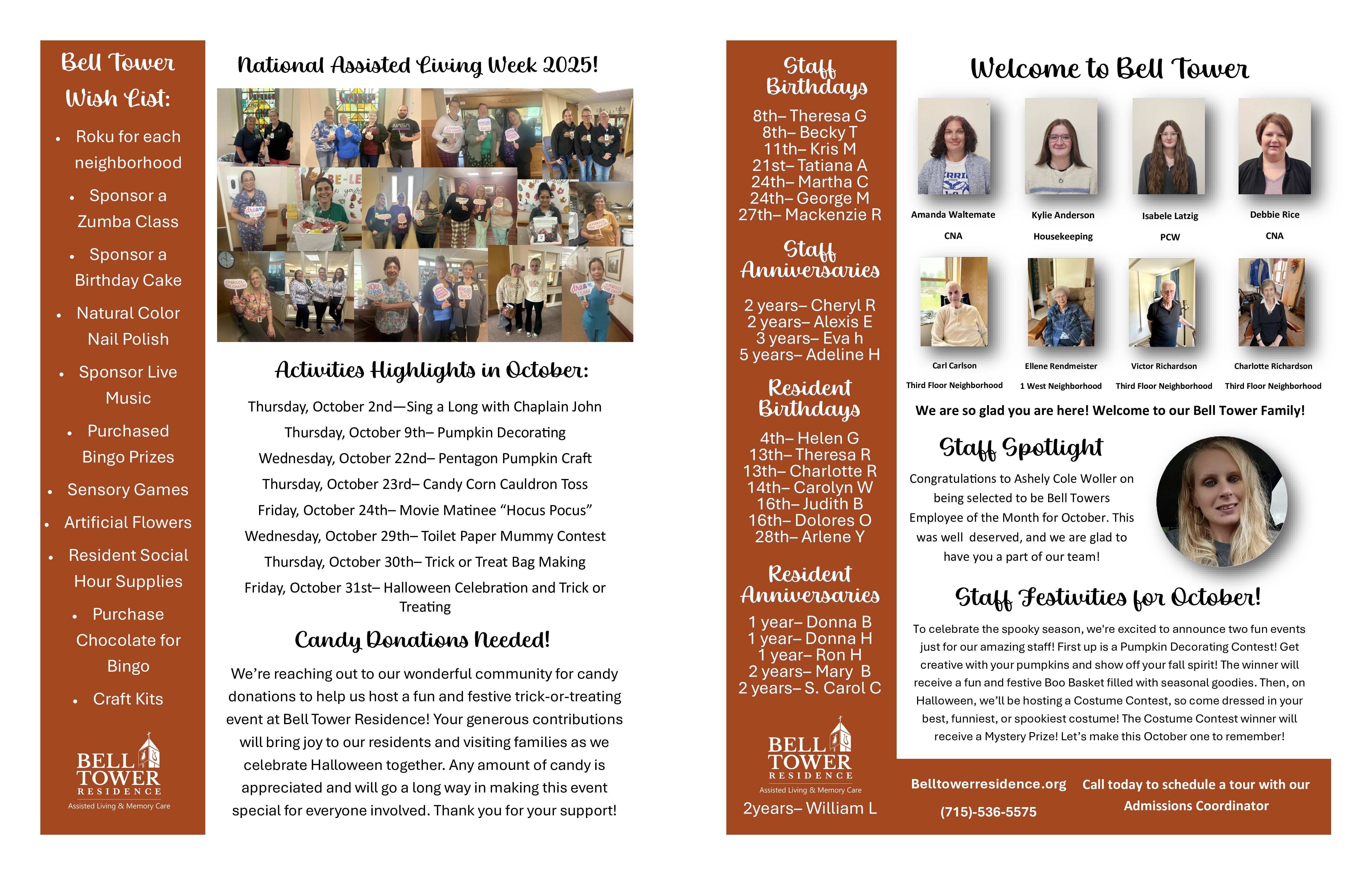 October 2025 Newsletter at Bell Tower Residence Assisted Living in Merrill, Wisconsin