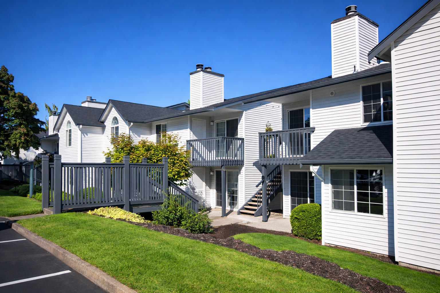 The sunny Exterior of an apartment building at Wellington Apartments in Silverdale, Washington