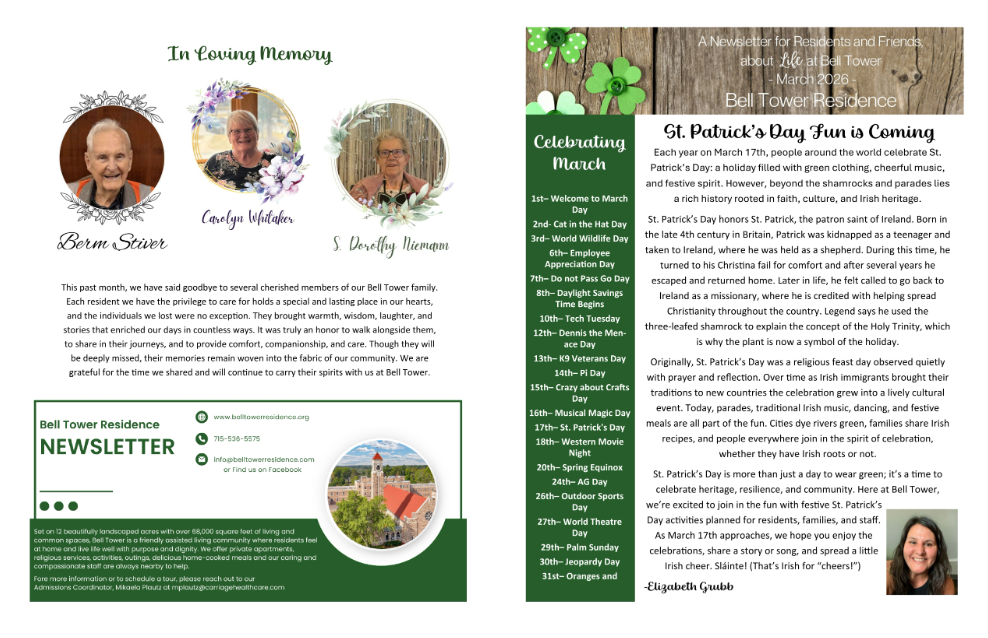 One-page March newsletter with events, updates, and seasonal graphics at Bell Tower Residence Assisted Living in Merrill, Wisconsin.