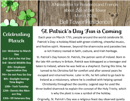 One-page March newsletter with events, updates, and seasonal graphics at Bell Tower Residence Assisted Living in Merrill, Wisconsin.