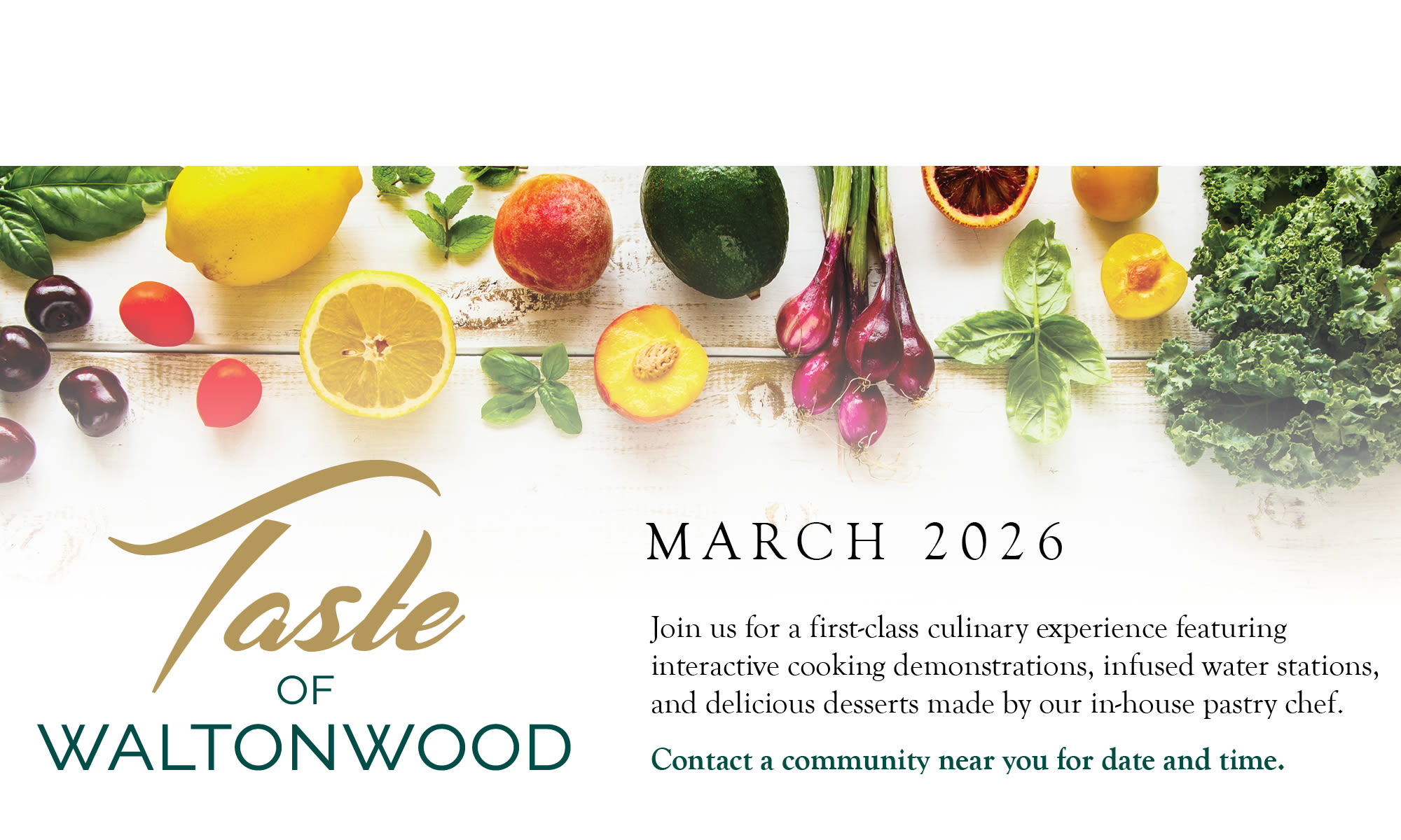 Fresh produce frames Taste of Waltonwood March 2026 event promo at Waltonwood in West Bloomfield, Michigan