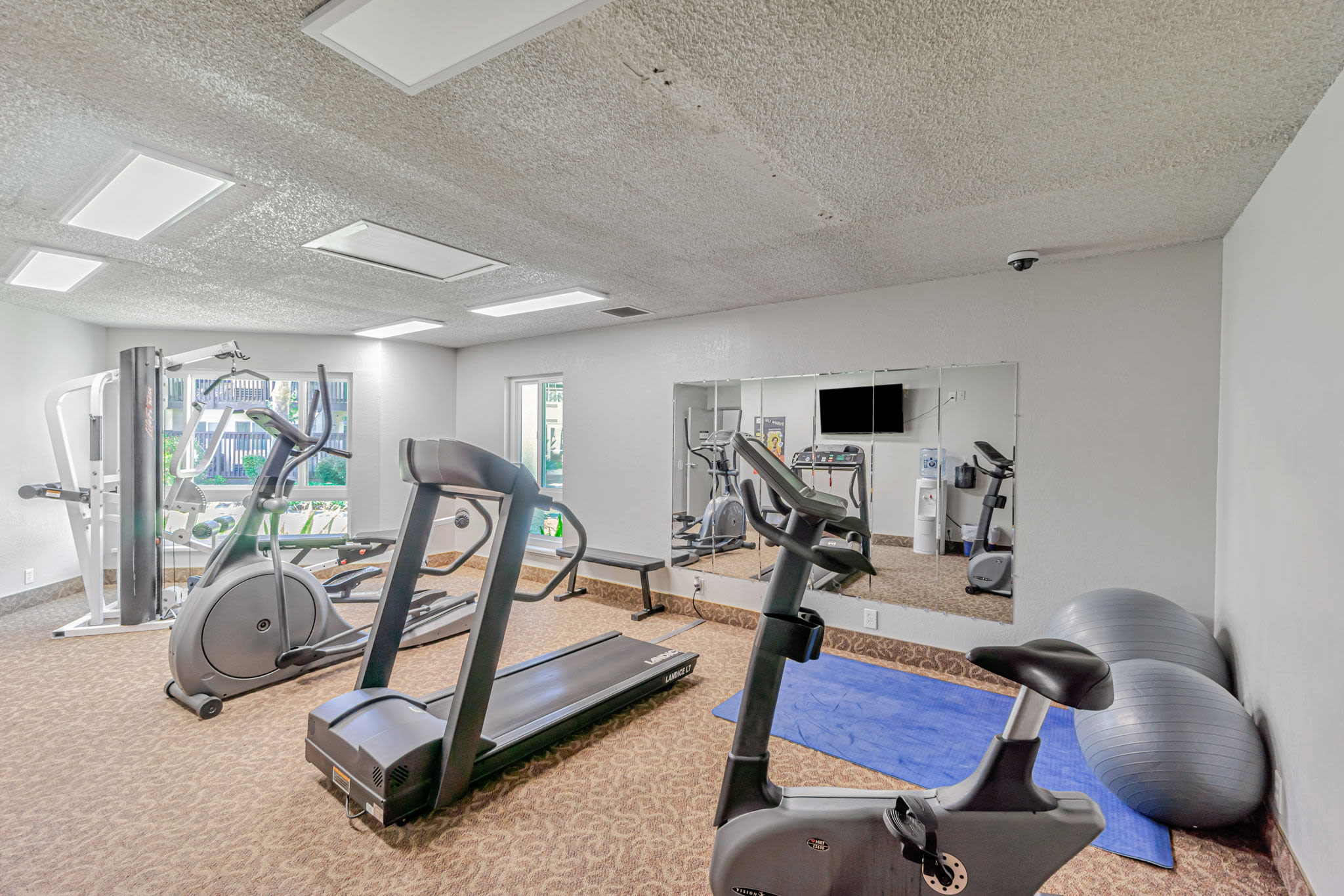Gym with treadmill, bike, strength machines, mats, and stability balls in a bright room at Clayton Gardens in Concord, California