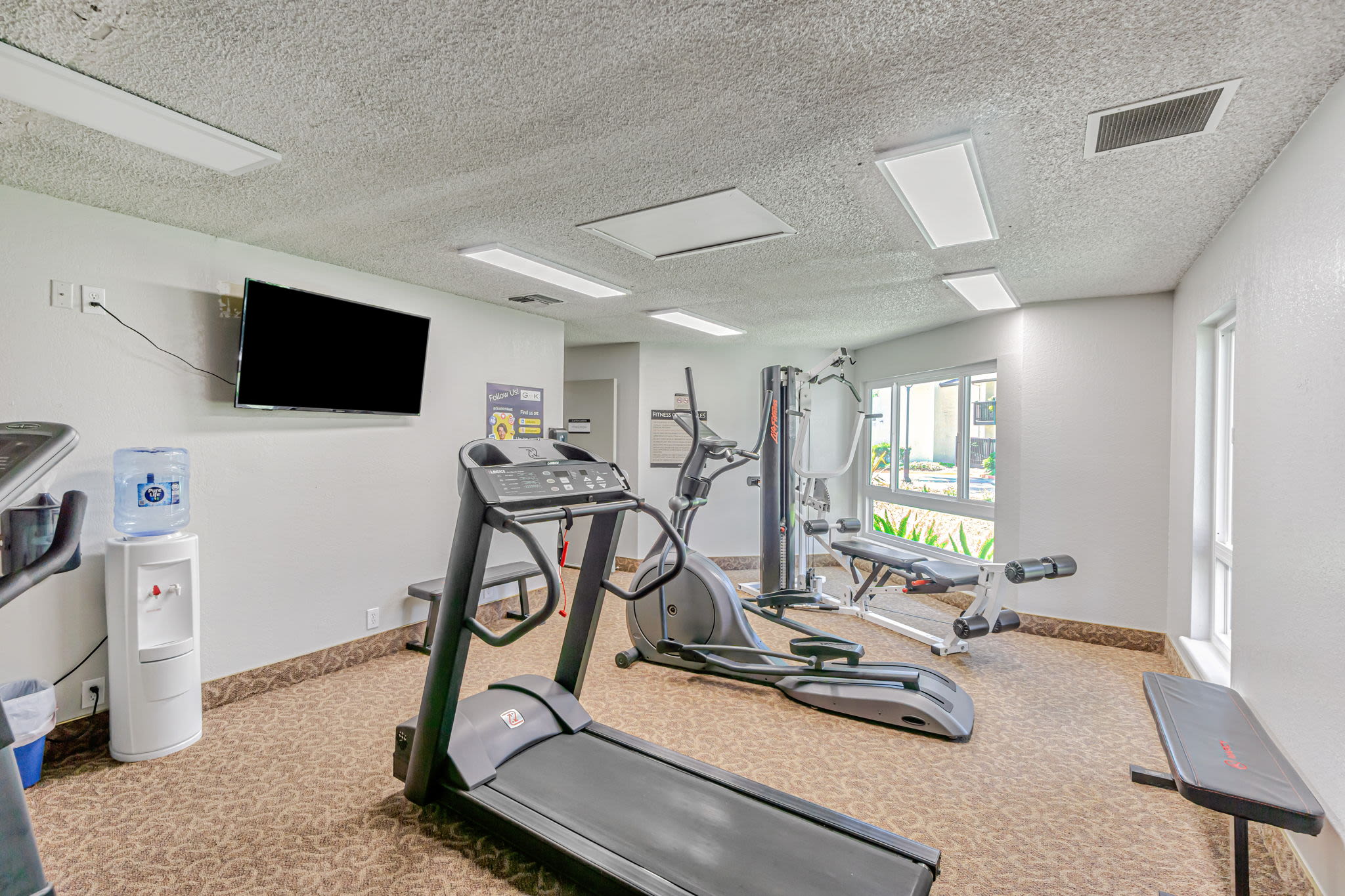 Fitness room with treadmill, bike, and strength machines beside bright windows at Clayton Gardens in Concord, California
