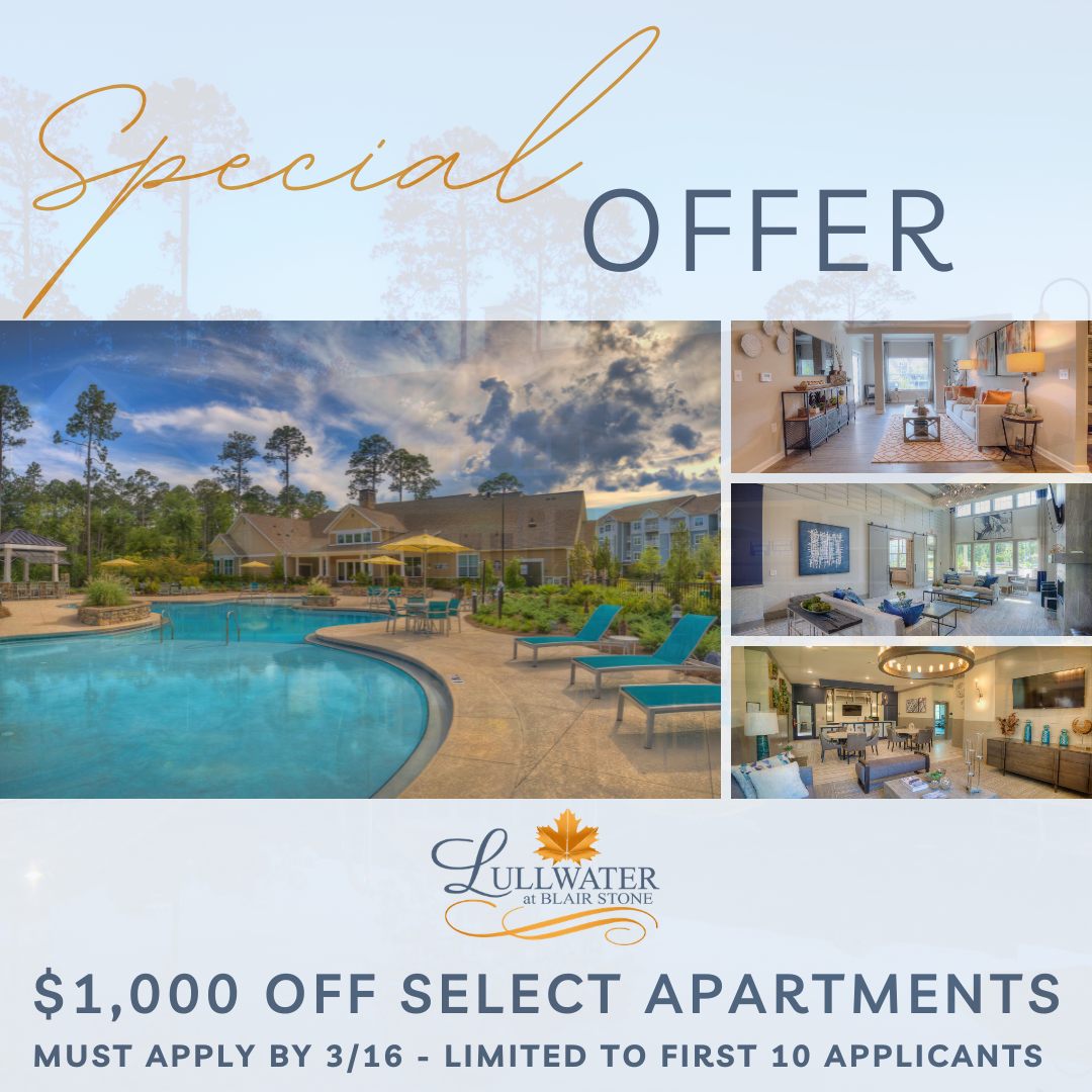 Special offer graphic showing pool and interior photos with $1,000 off select apartments at Lullwater at Blair Stone in Tallahassee, Florida