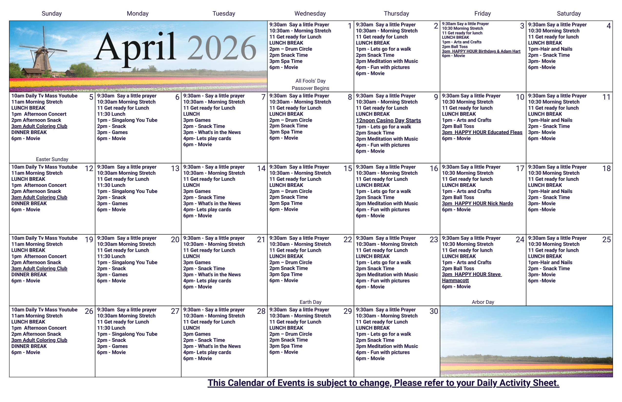 March 2026 activity calendar featuring daily events at Keystone Place at Wooster Heights in Danbury, Connecticut