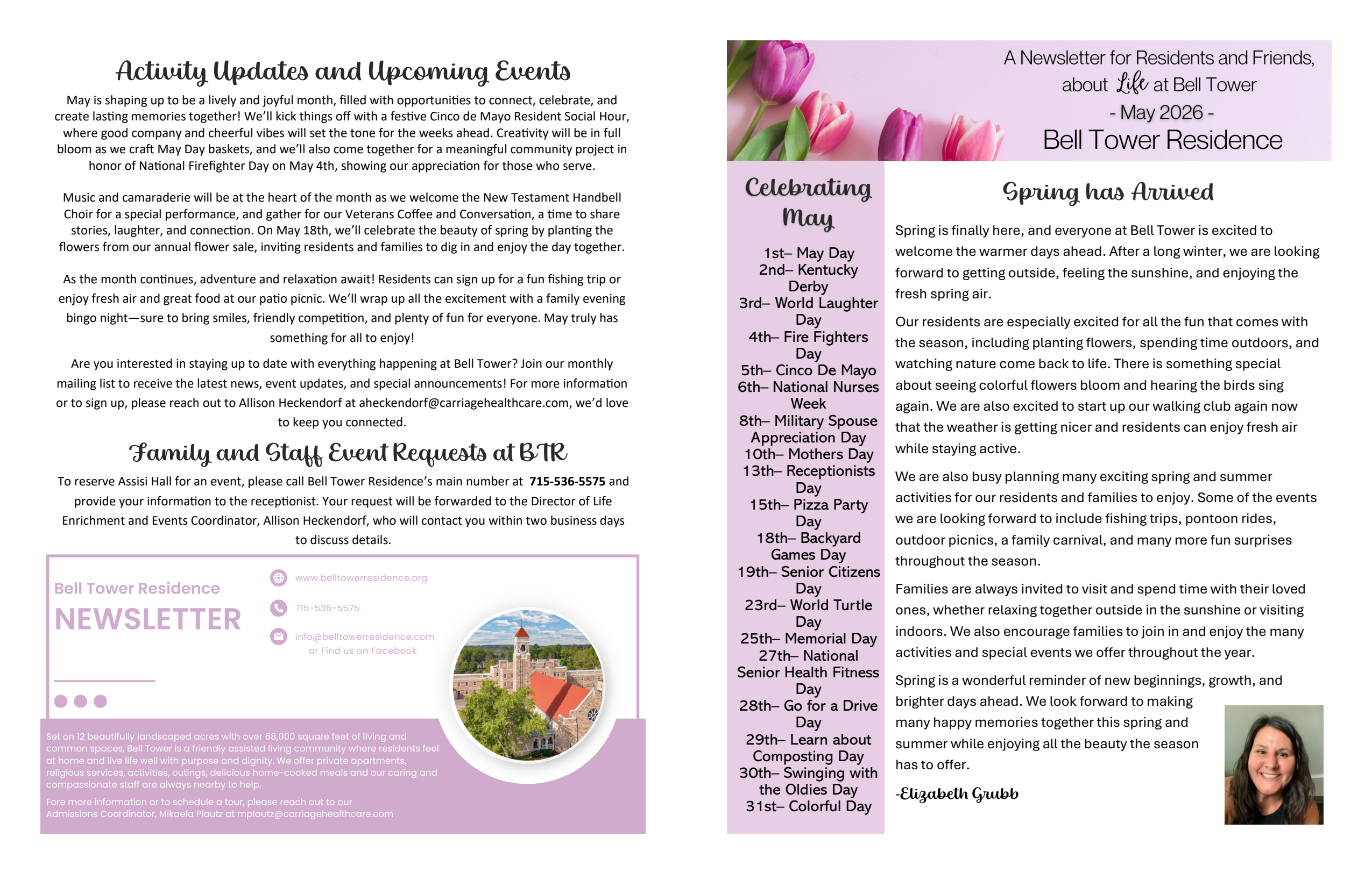 May 2026 Newsletter at Bell Tower Residence Assisted Living in Merrill, Wisconsin