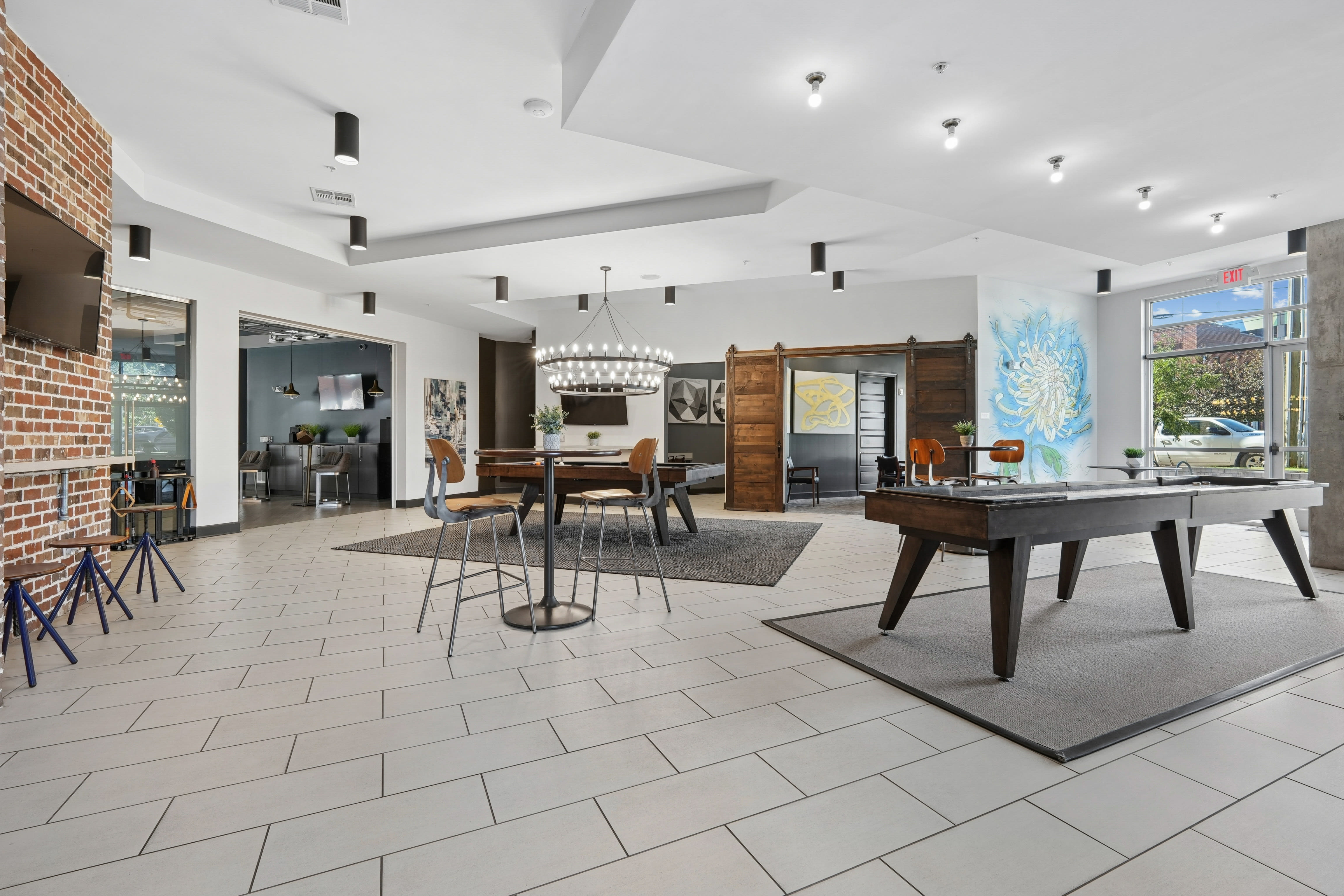 Pool table and lounge at Overton Row in Charlotte, North Carolina