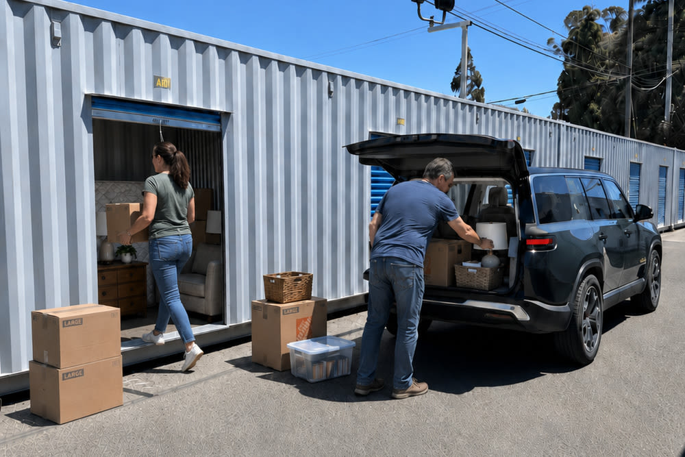 Couple moving boxes and household furniture into a 10x10 ground-floor drive-up storage unit in Richmond, CA