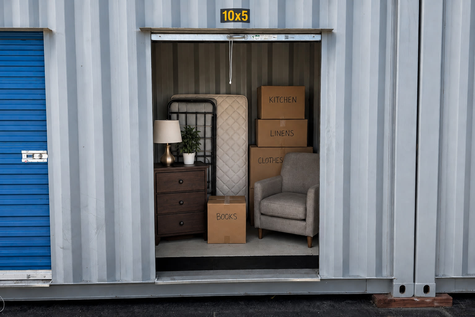 Staged 10x5 drive-up storage unit with a dresser, chair, mattress, lamp, and labeled moving boxes in Richmond, CA