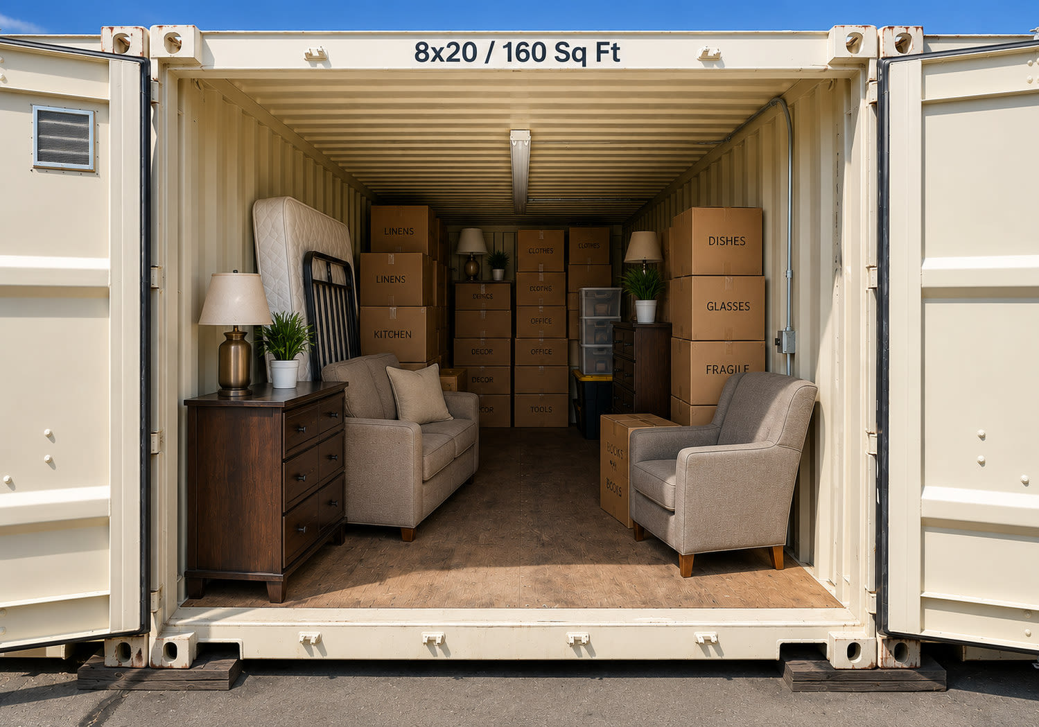 Staged 8x20 drive-up storage unit with furniture, mattress, dresser, chairs, and labeled boxes in Richmond, CA