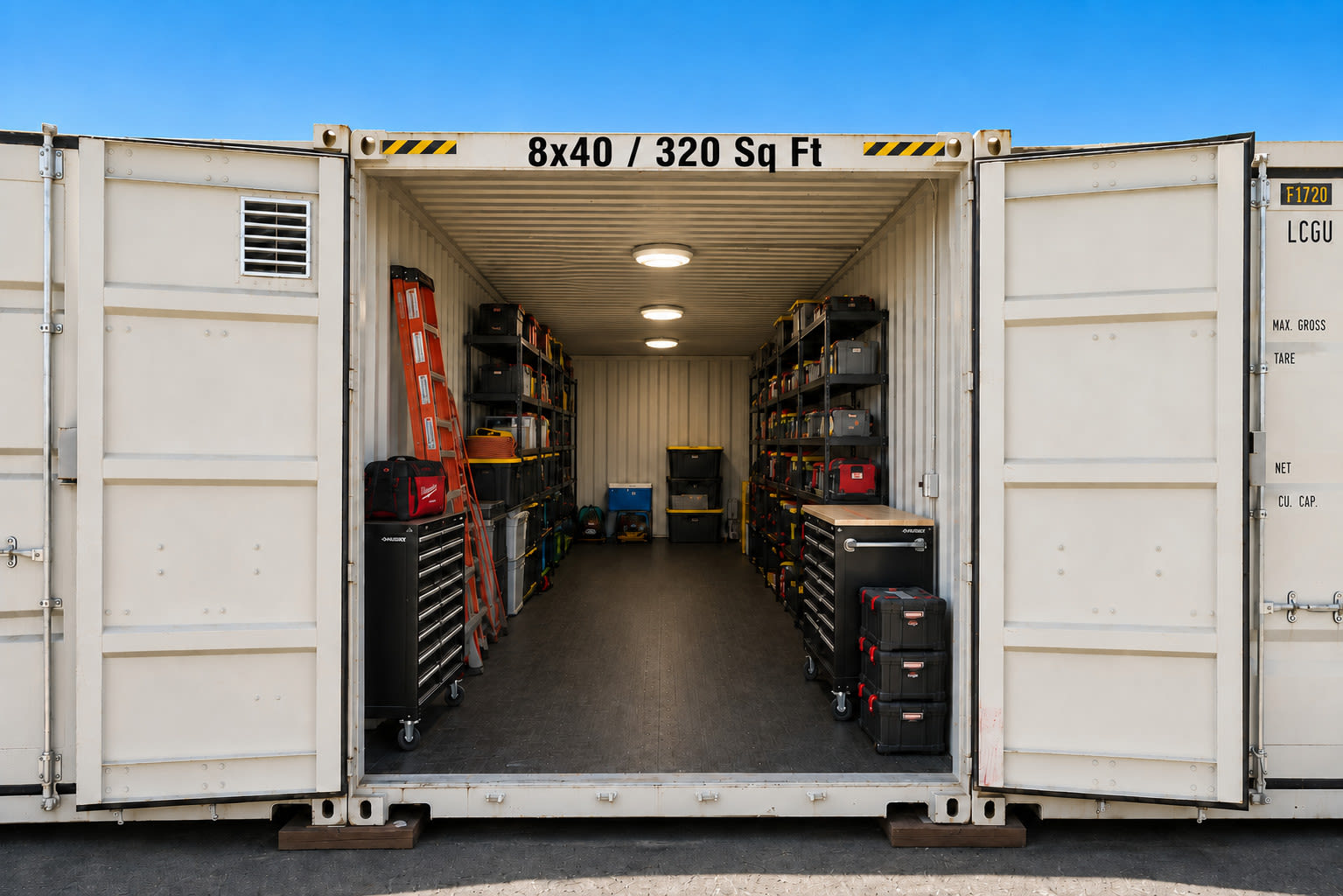 Organized 8x40 drive-up contractor storage unit with toolboxes, ladders, shelving, and storage bins in Richmond, CA