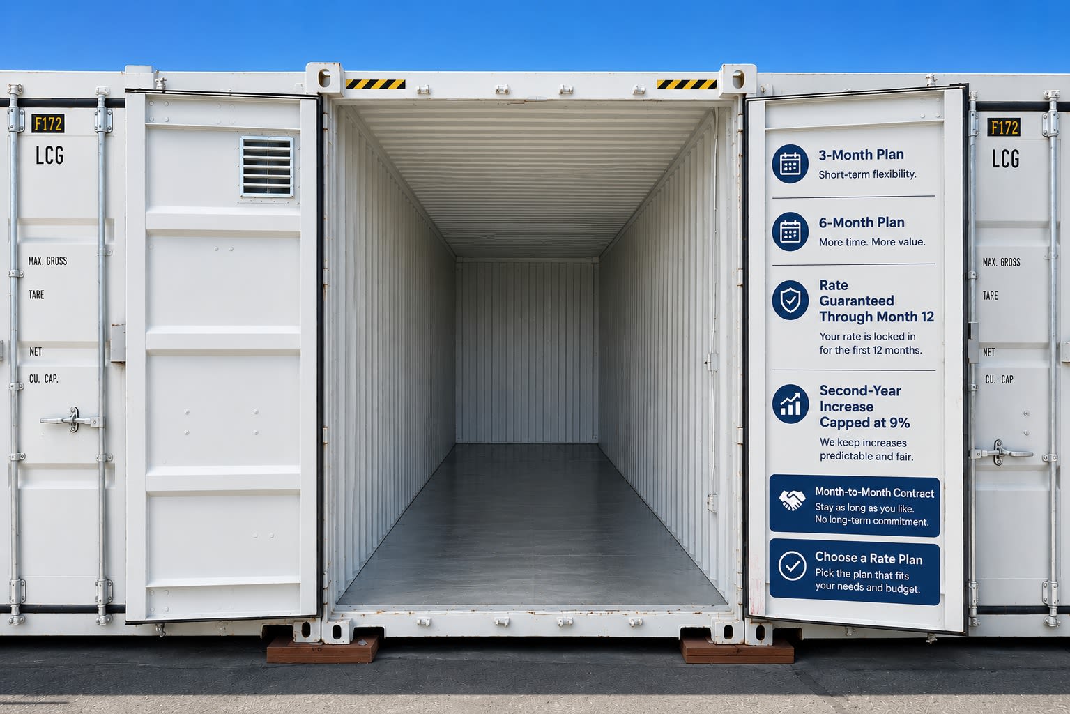 Open drive-up storage unit illustrating CSI Mini Storage Alameda’s clear 3-month and 6-month rate plans with no added move-in fees.