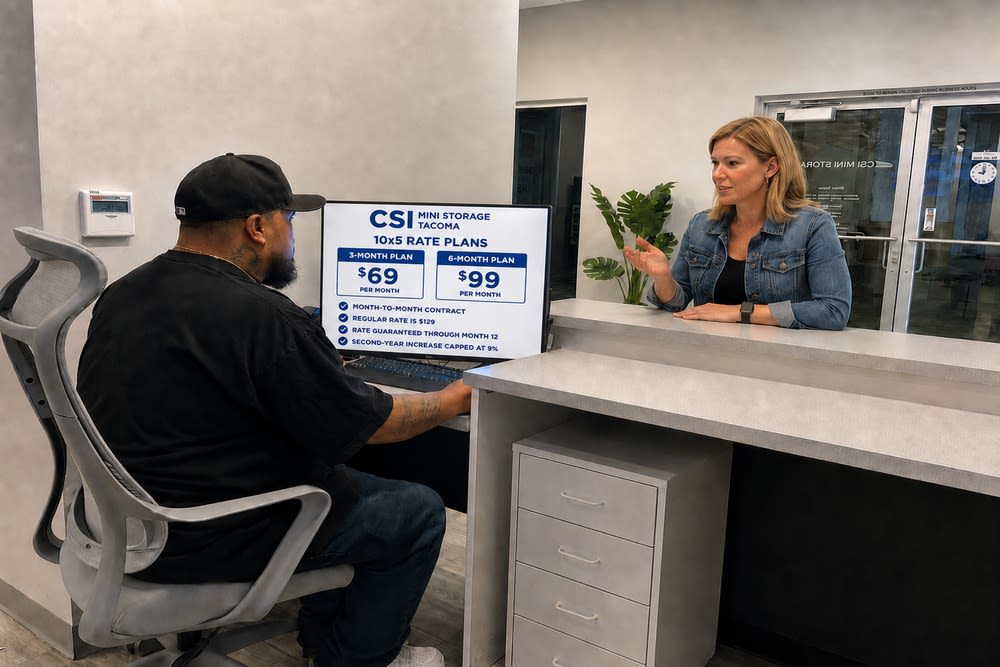 CSI Mini Storage Tacoma manager explaining 10x5 storage unit rate plans to a customer at the office counter