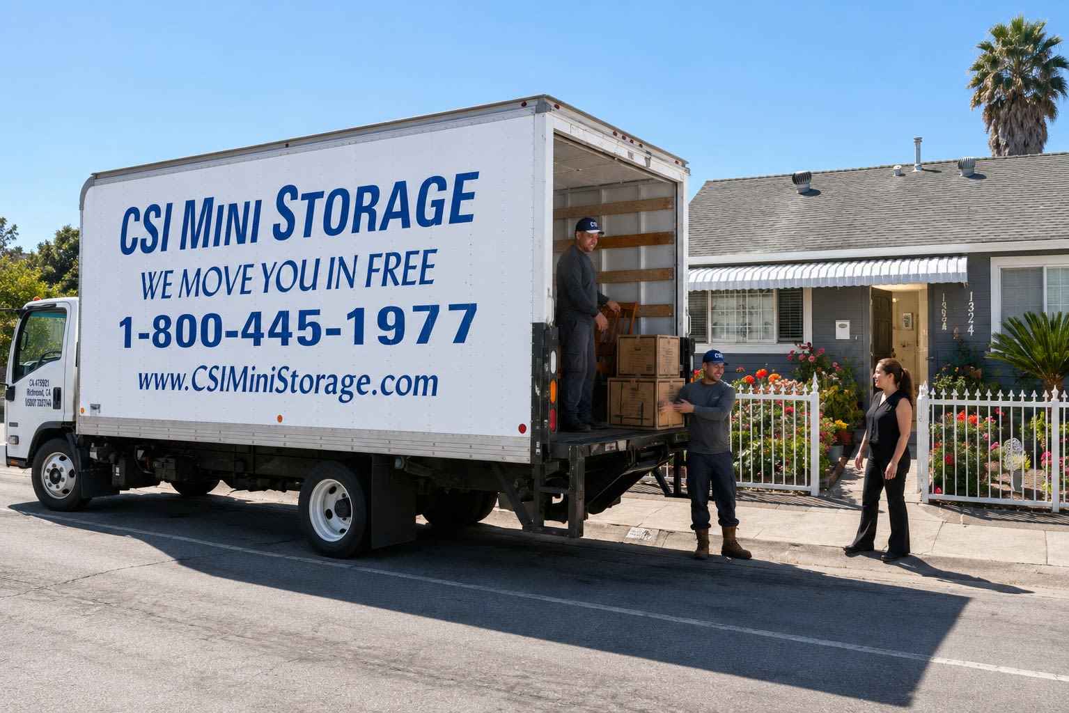 CSI Mini Storage Alameda house-to-storage move-in help service showing pickup at a residence and unloading into storage.