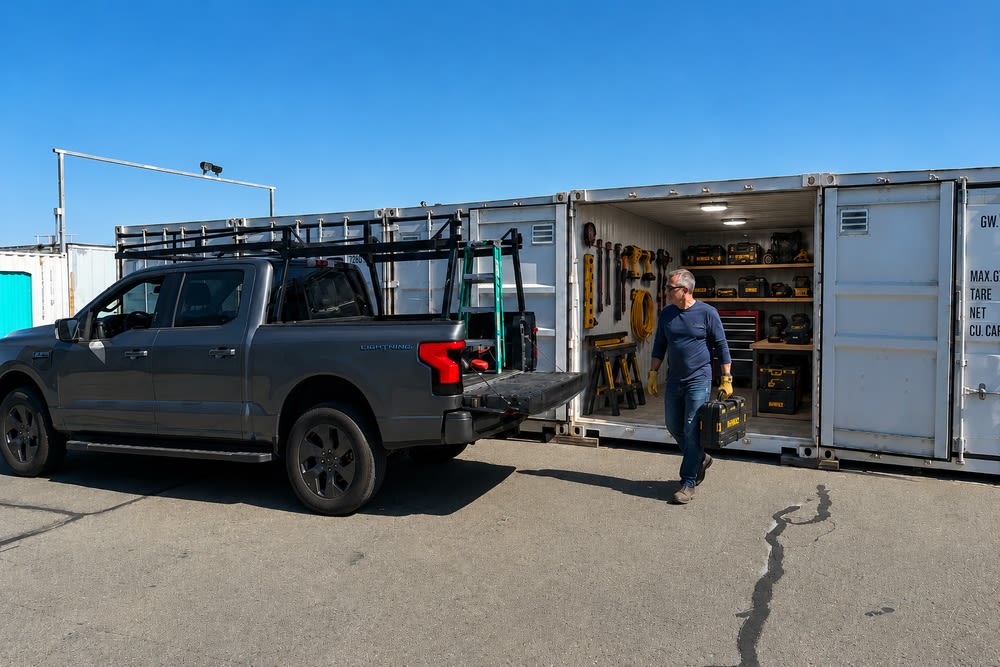 Contractor carrying a toolbox from an organized drive-up storage unit beside a pickup truck at CSI Mini Storage Richmond.