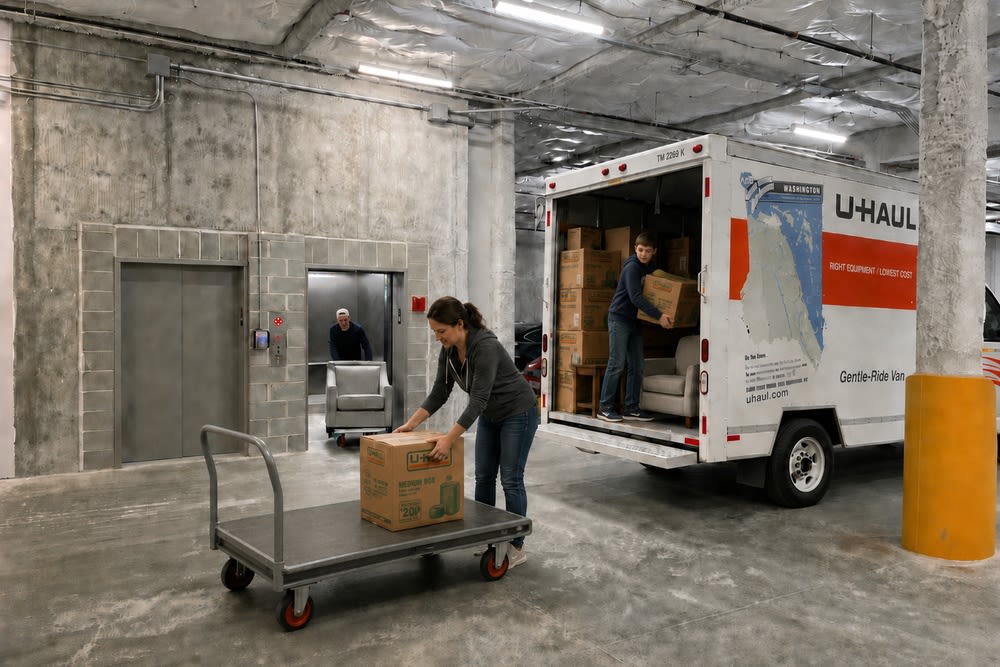 Customer unloading boxes from a moving truck under covered loading at CSI Mini Storage Tacoma