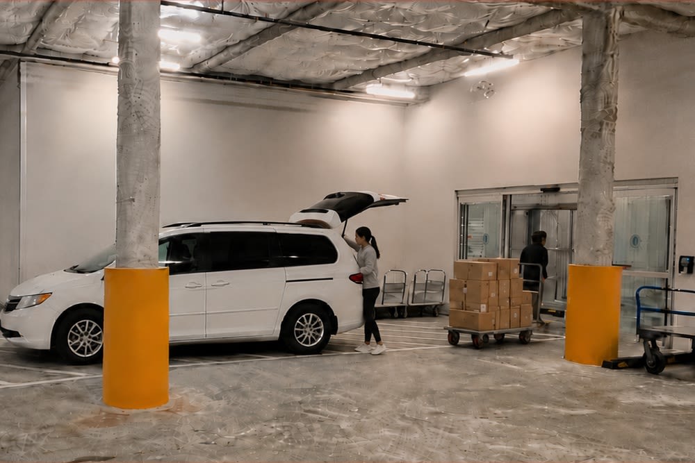 Customer moving boxes from a white minivan toward climate-controlled storage at CSI Mini Storage Tacoma