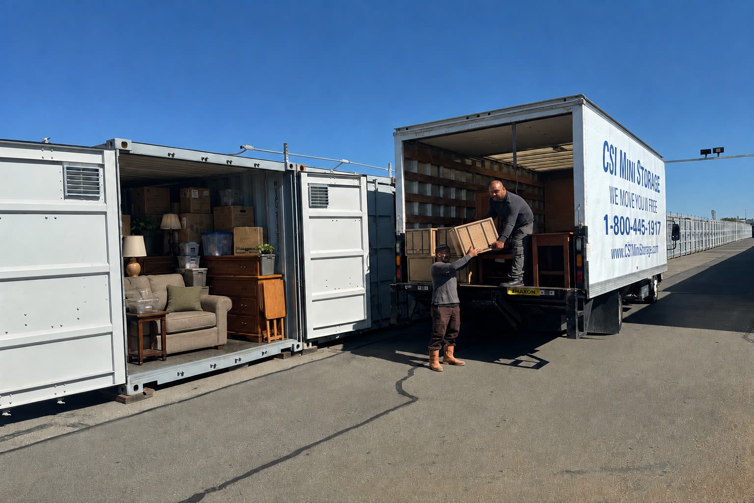 Two movers unloading household furniture and boxes from a CSI Mini Storage truck into a drive-up storage unit in Alameda