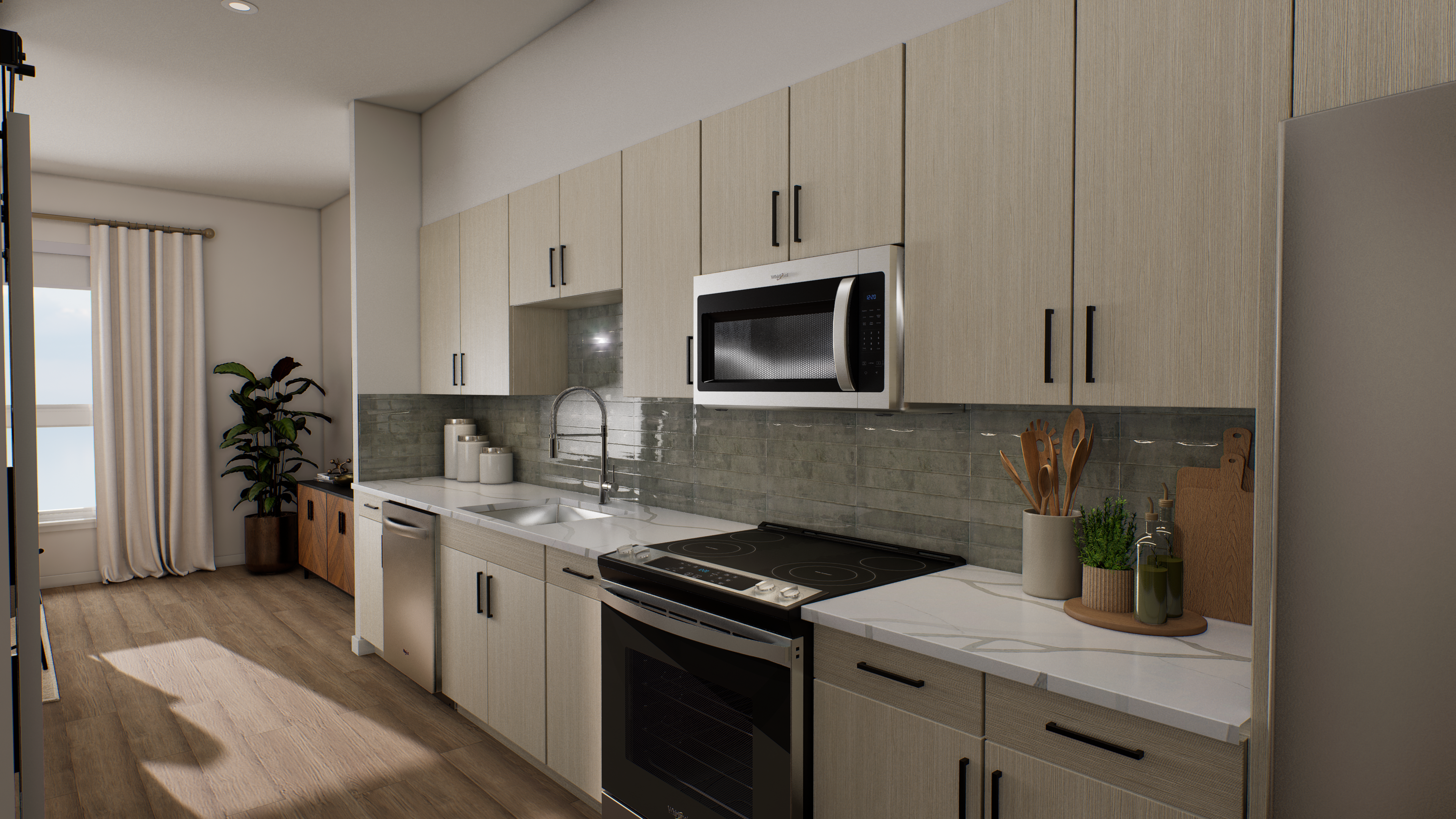 Modern kitchen with light cabinets and stainless-steel appliances at The Colton in Redwood City, California