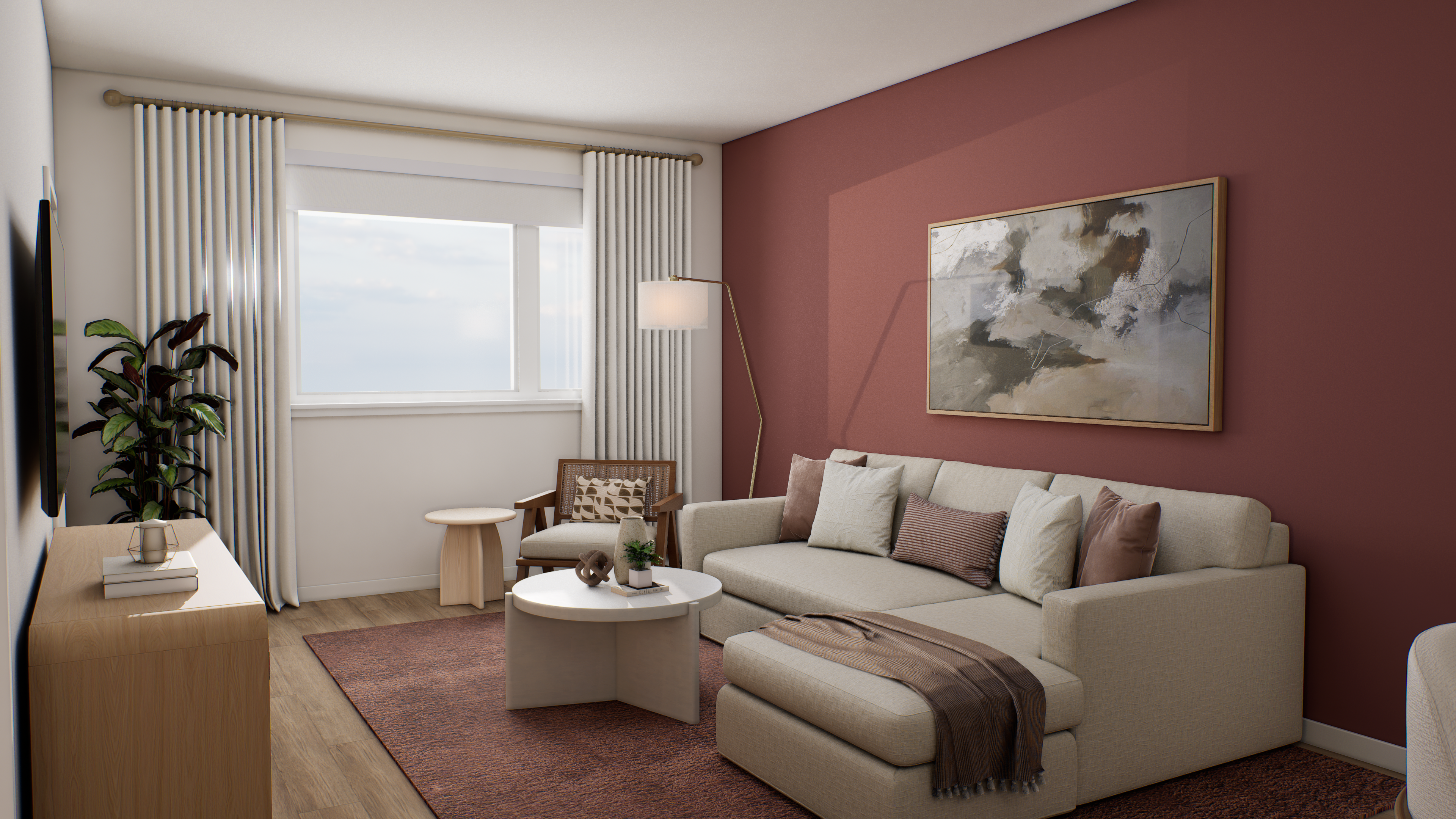 Modern living room with a sofa, window and wall art at The Colton in Redwood City, California
