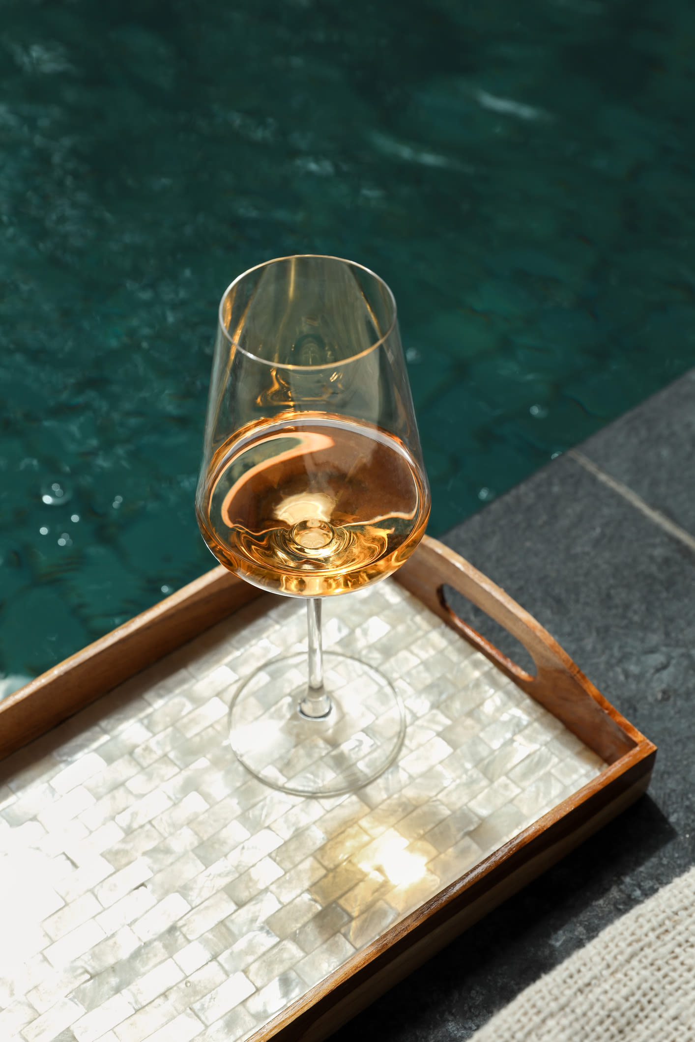 Glass of wine on at tray at The Colton in Redwood City, California
