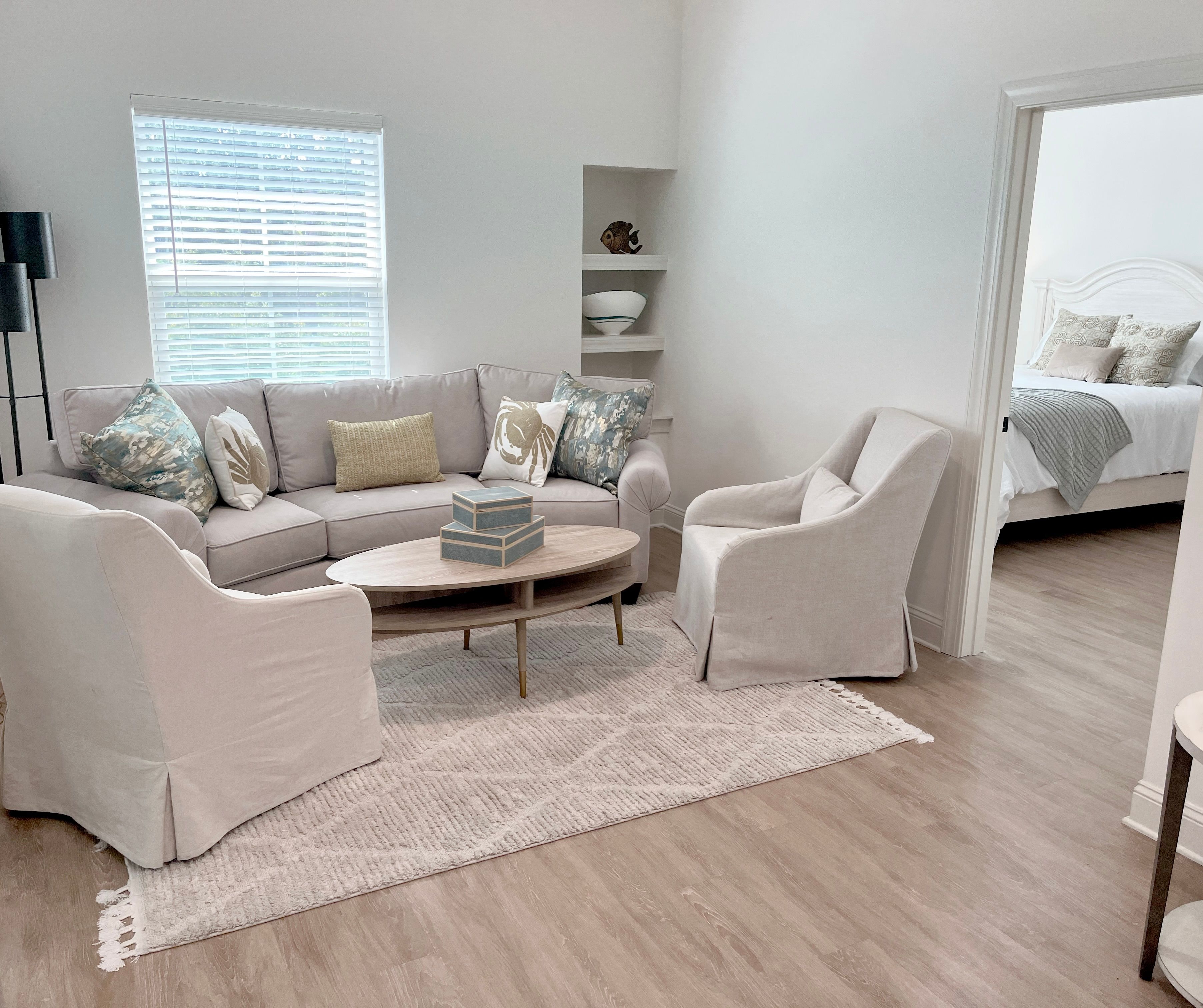 Senior apartment unit with a full kitchen and birchwood floors at The Blake at Panama City Beach in Panama City Beach, Florida