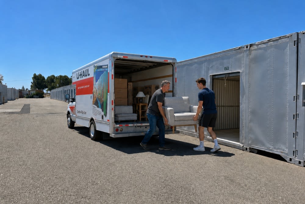 Two men carrying an armchair from a moving truck into a drive-up storage unit at CSI Mini Storage Alameda.