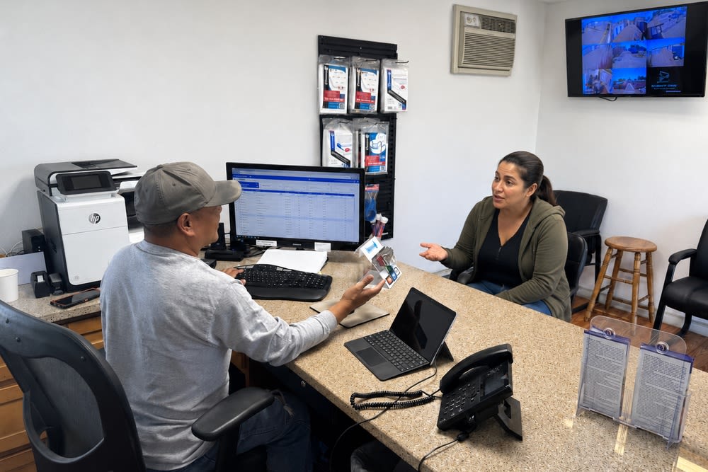 CSI Mini Storage Alameda manager helping a customer compare storage unit availability and rental options at the office counter.