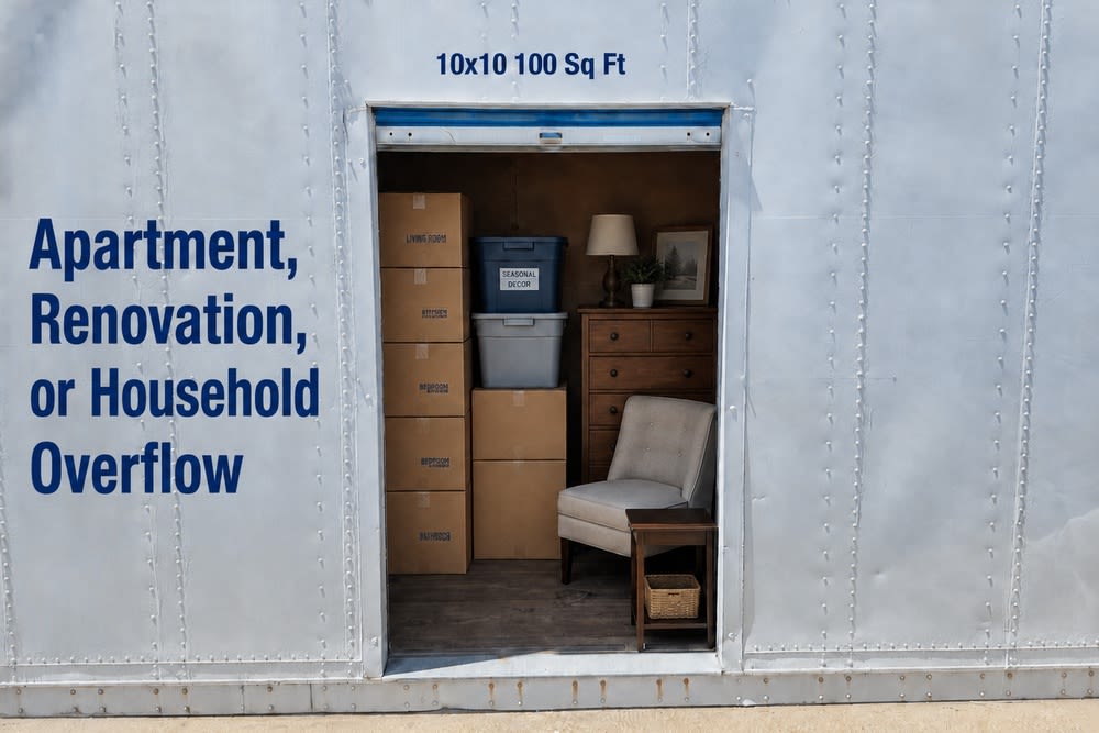 Organized 10x10 drive-up storage unit with stacked boxes, seasonal bins, and household furniture at CSI Mini Storage Alameda.