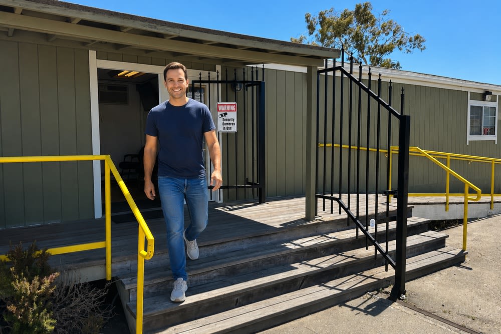 Smiling customer leaving the CSI Mini Storage Alameda office after receiving help from the storage manager.