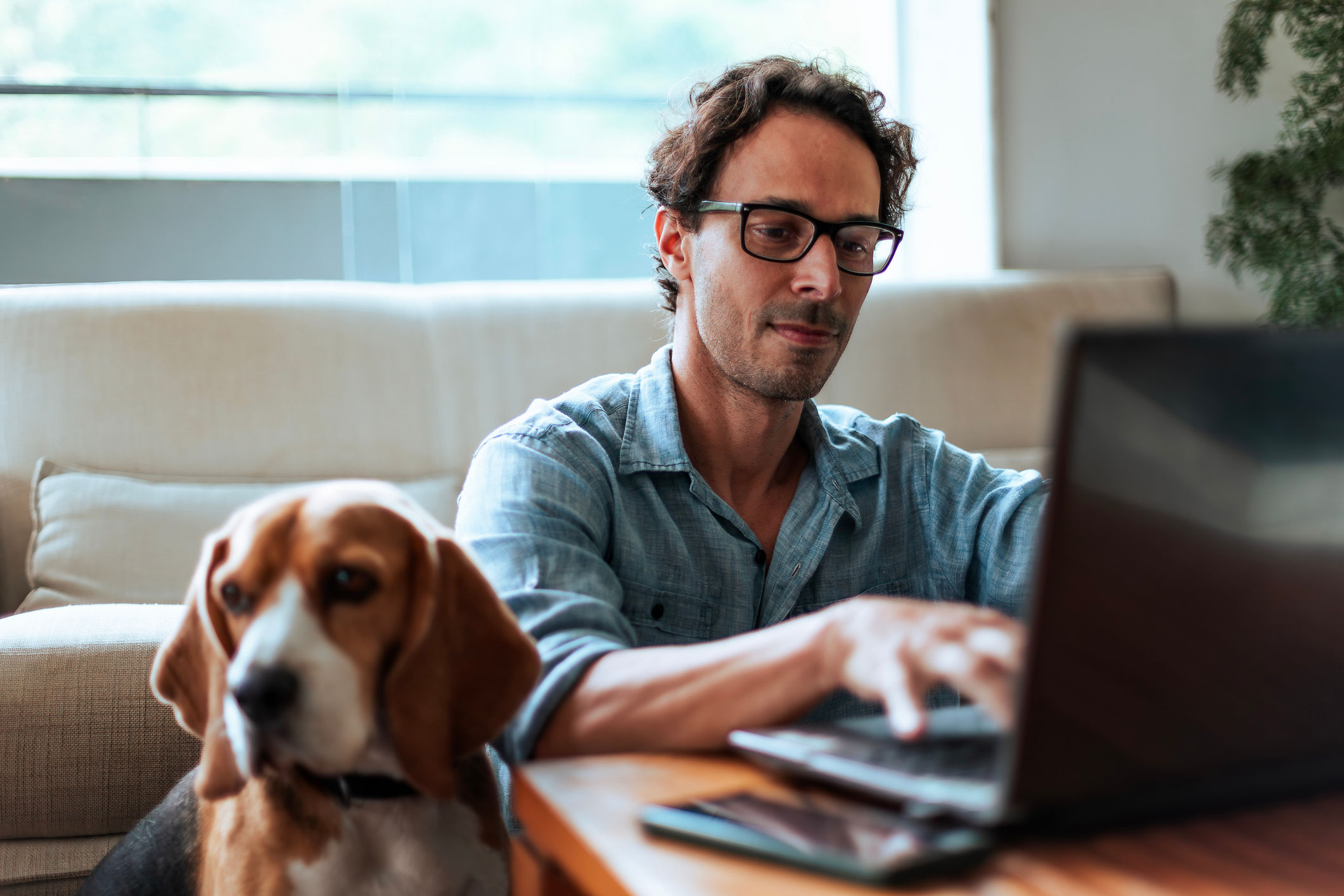 Resident working on his computer with a dog sitting next to him at The Colton in Redwood City, California